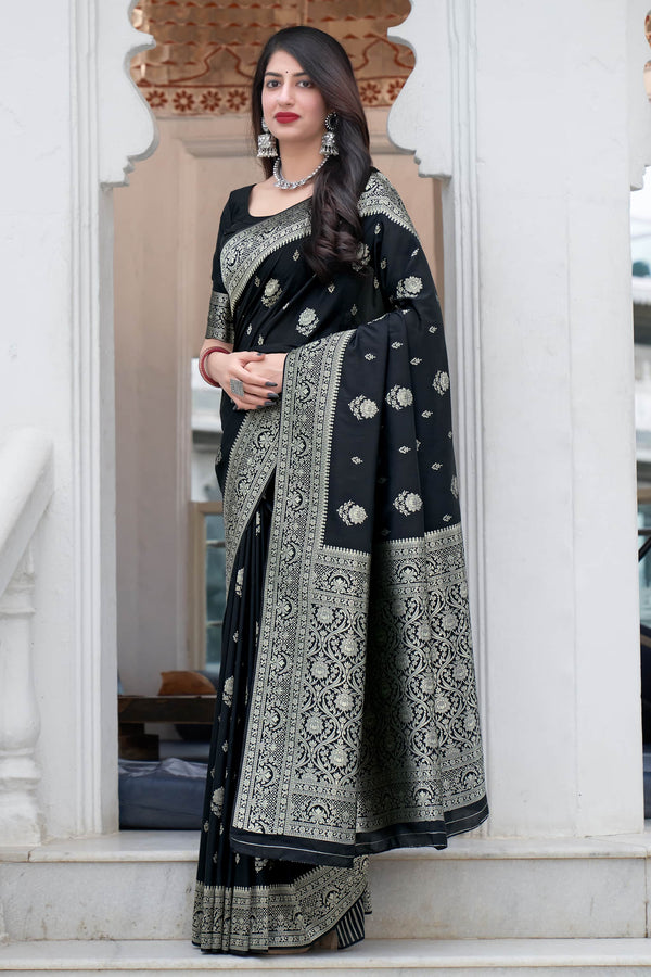 Demesne Black Soft Silk Saree With Mesmerising Blouse Piece