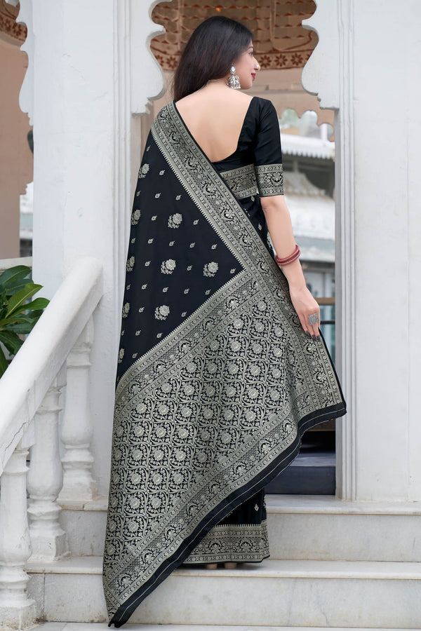 Demesne Black Soft Silk Saree With Mesmerising Blouse Piece