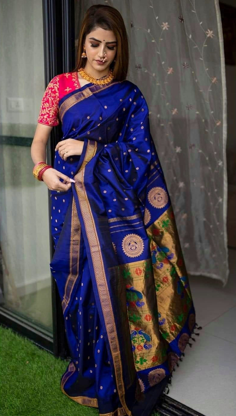 Flattering Royal Blue Paithani Silk Saree With Sizzling Blouse Piece