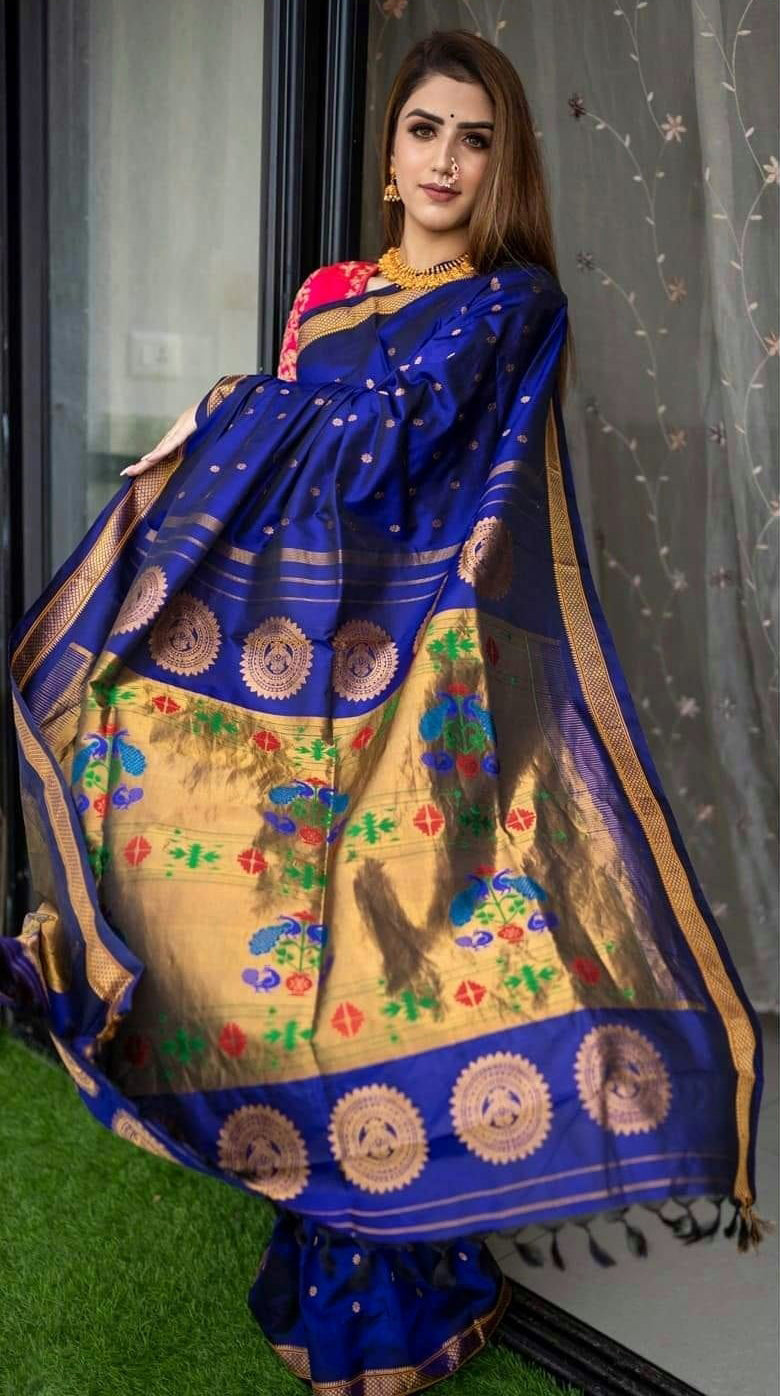 Flattering Royal Blue Paithani Silk Saree With Sizzling Blouse Piece