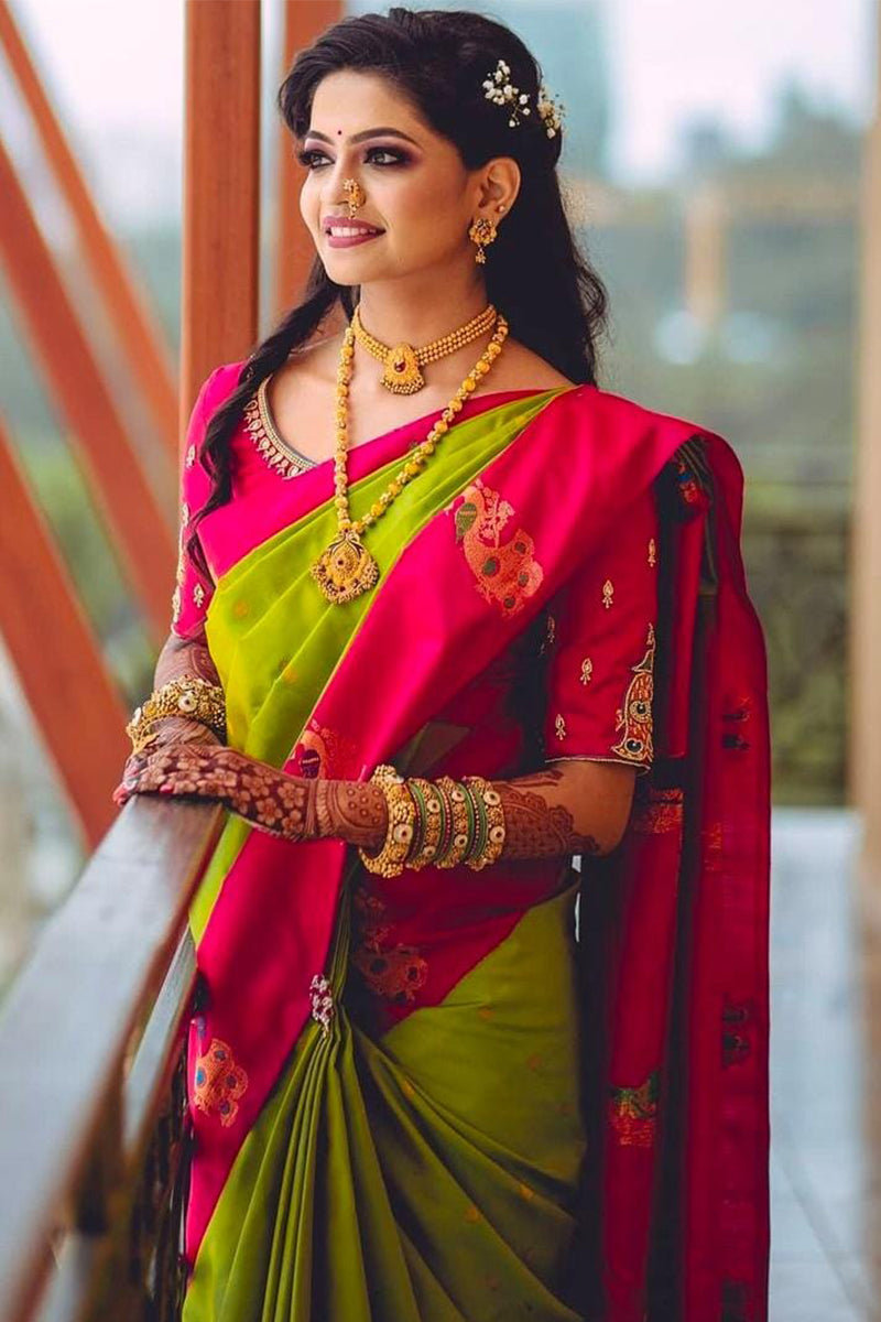 Demanding Parrot Soft Silk Saree With Forbearance Blouse Piece