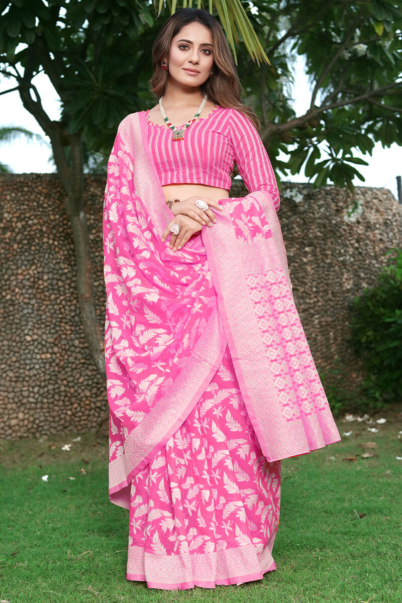 Rhapsodic Dark Pink Cotton Silk Saree With Ineffable Blouse Piece