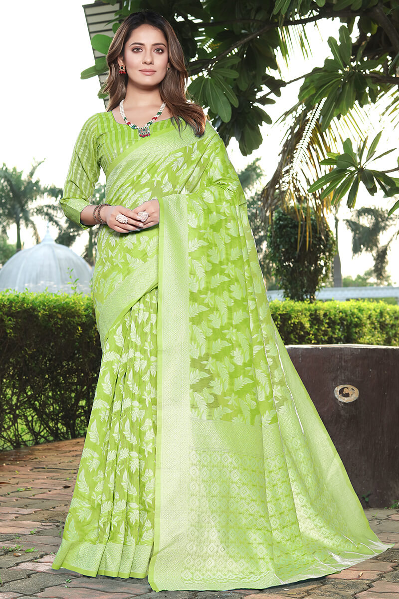 Enchanting Green Cotton Silk Saree With Vivacious Blouse Piece