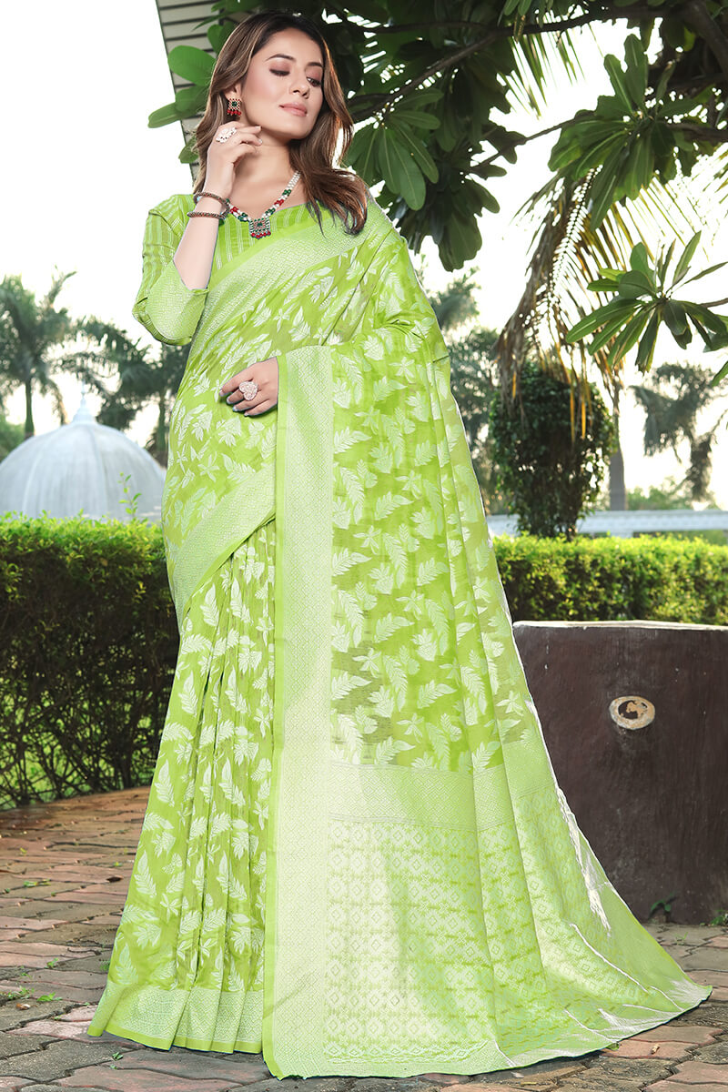 Enchanting Green Cotton Silk Saree With Vivacious Blouse Piece