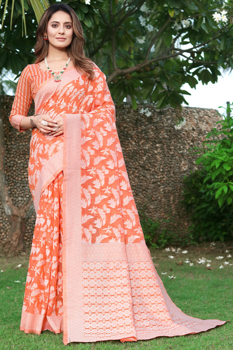 Vestigial Orange Cotton Silk Saree With Effulgent Blouse Piece