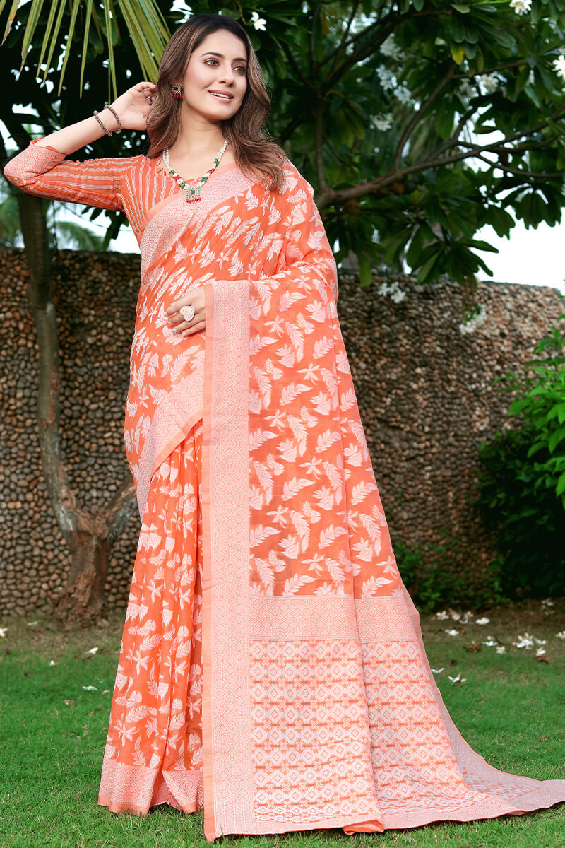 Vestigial Orange Cotton Silk Saree With Effulgent Blouse Piece