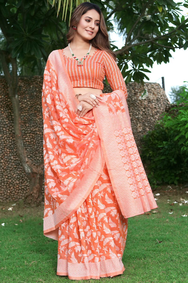 Vestigial Orange Cotton Silk Saree With Effulgent Blouse Piece