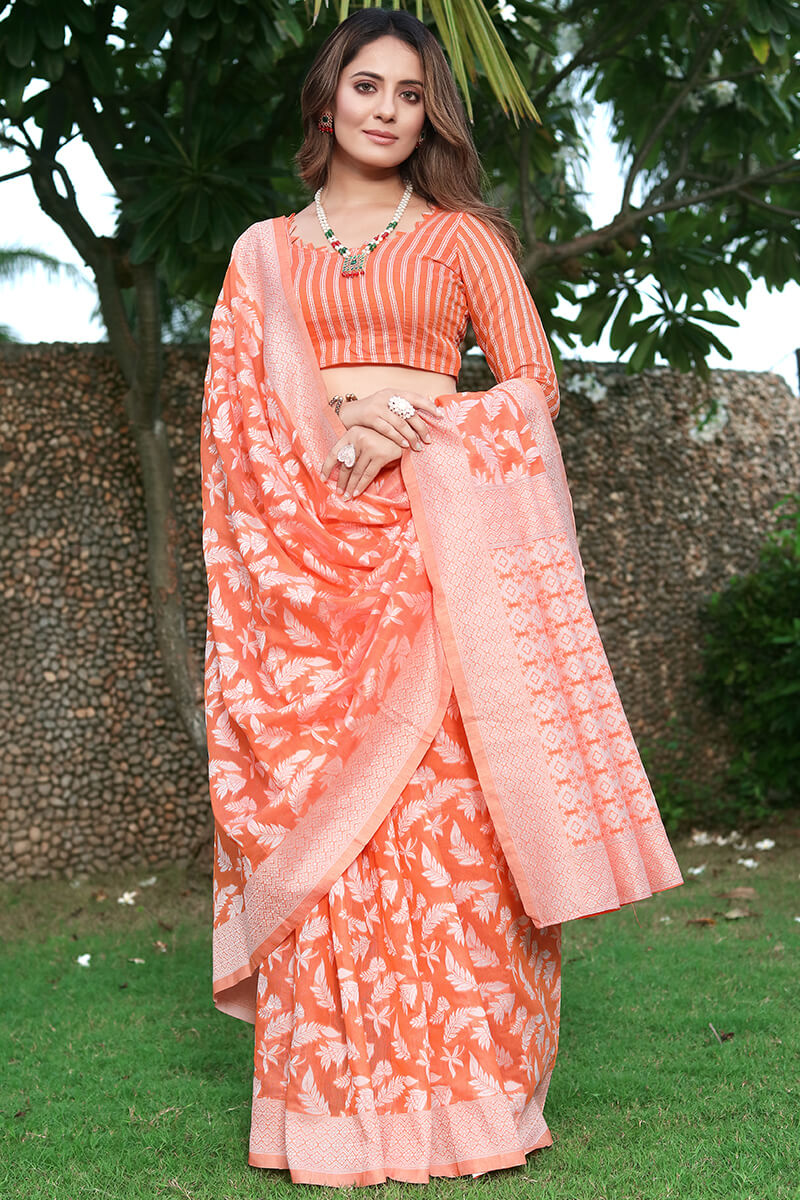 Vestigial Orange Cotton Silk Saree With Effulgent Blouse Piece