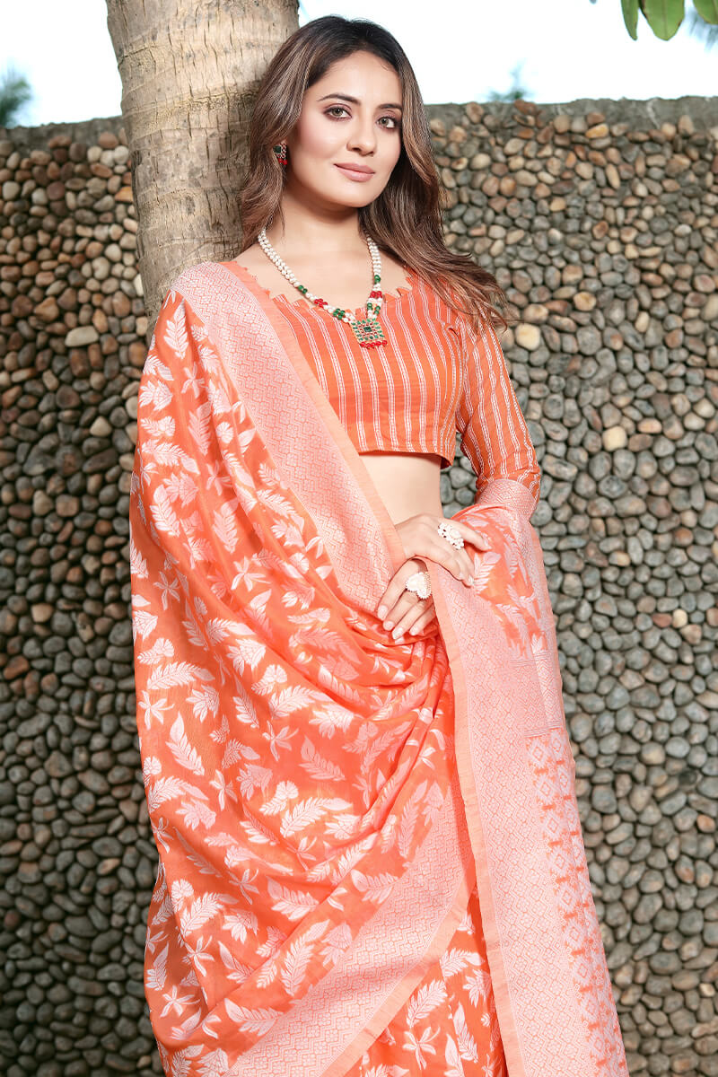 Vestigial Orange Cotton Silk Saree With Effulgent Blouse Piece