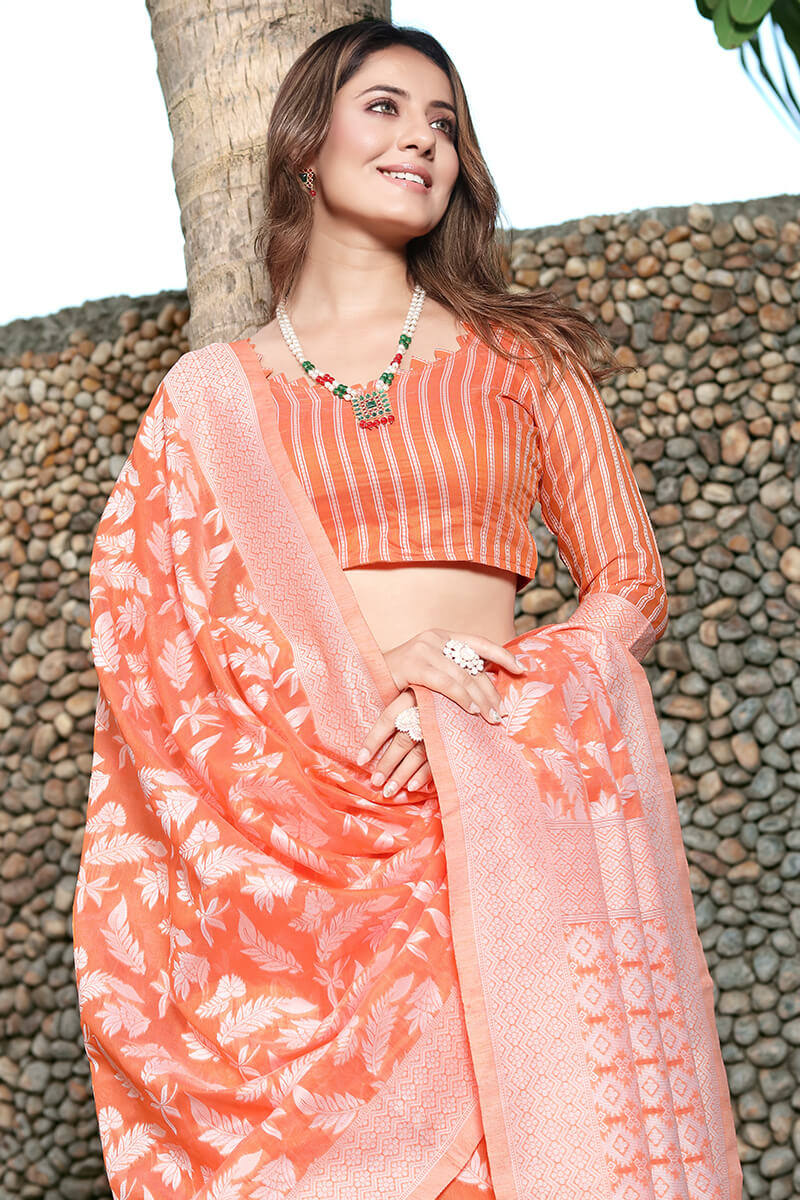 Vestigial Orange Cotton Silk Saree With Effulgent Blouse Piece