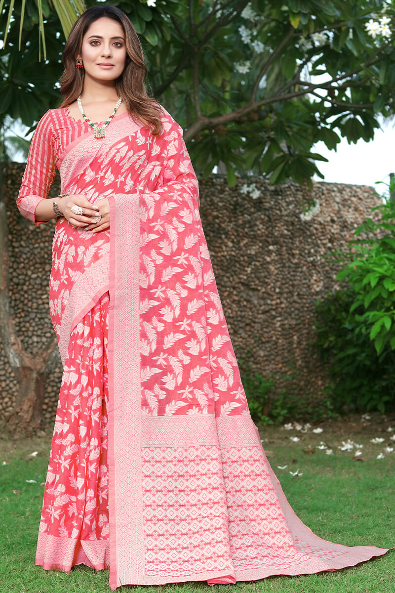 Mesmerising Pink Cotton Silk Saree With Allure Blouse Piece