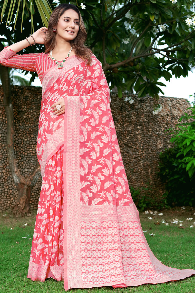 Mesmerising Pink Cotton Silk Saree With Allure Blouse Piece