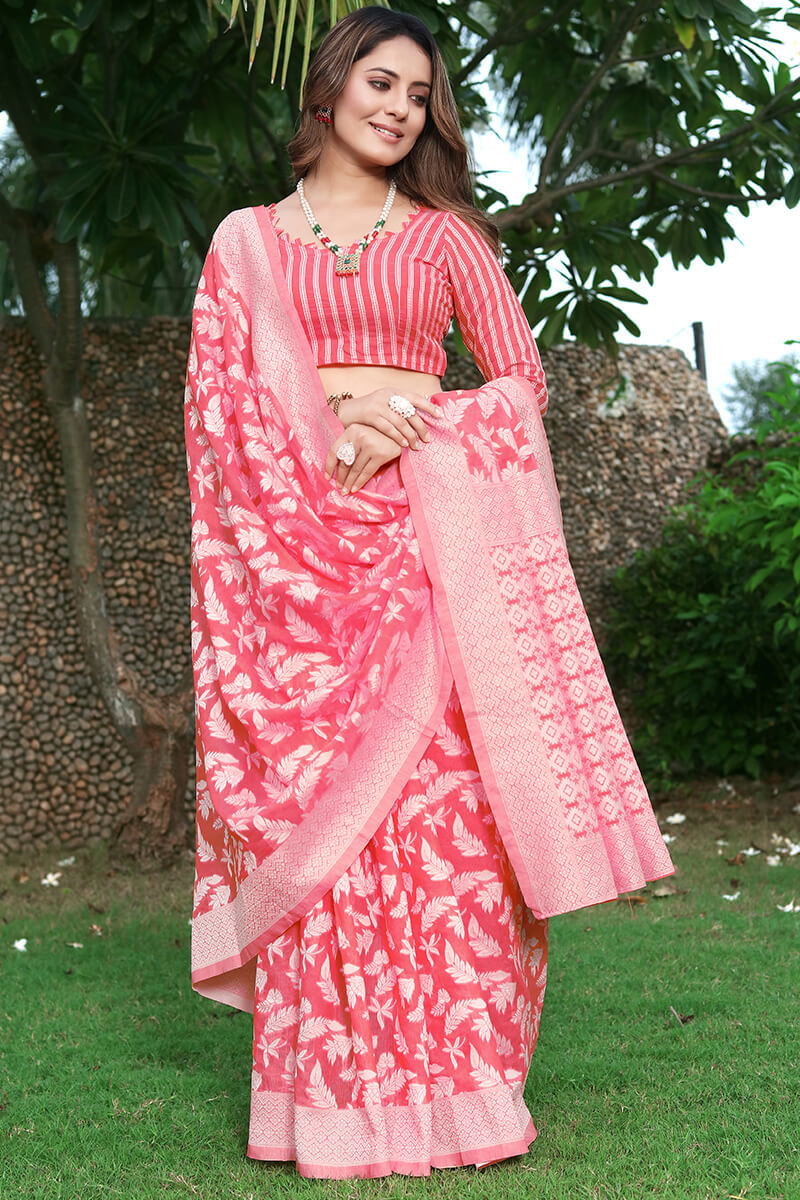 Mesmerising Pink Cotton Silk Saree With Allure Blouse Piece