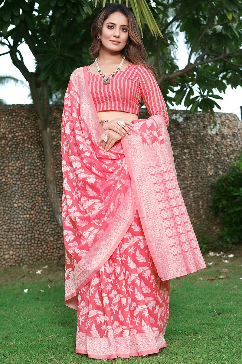 Mesmerising Pink Cotton Silk Saree With Allure Blouse Piece