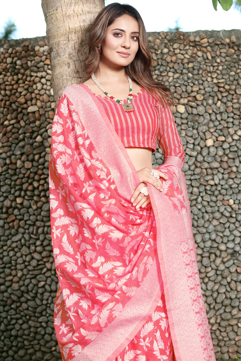 Mesmerising Pink Cotton Silk Saree With Allure Blouse Piece