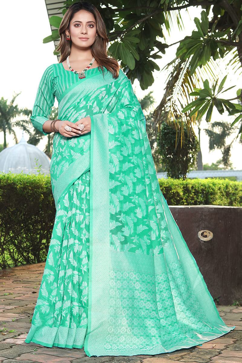 Winsome Sea Green Cotton Silk Saree With Efflorescence Blouse Piece