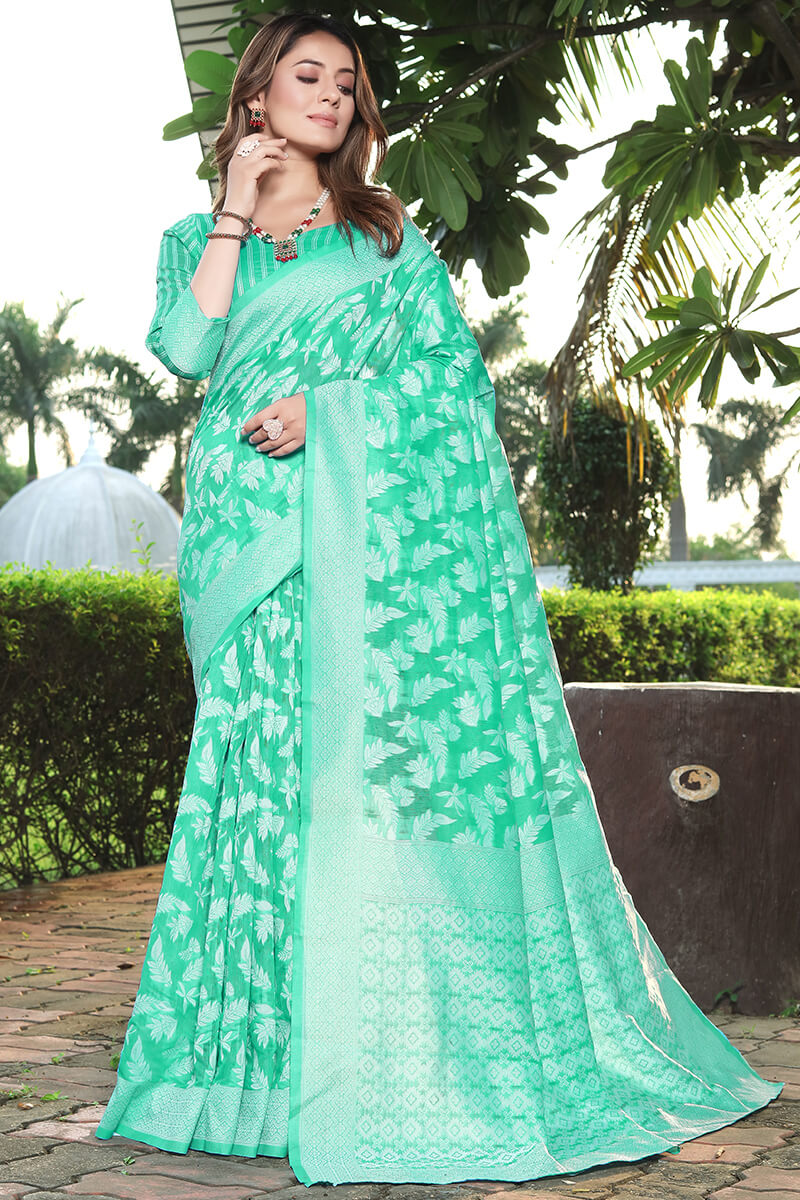 Winsome Sea Green Cotton Silk Saree With Efflorescence Blouse Piece