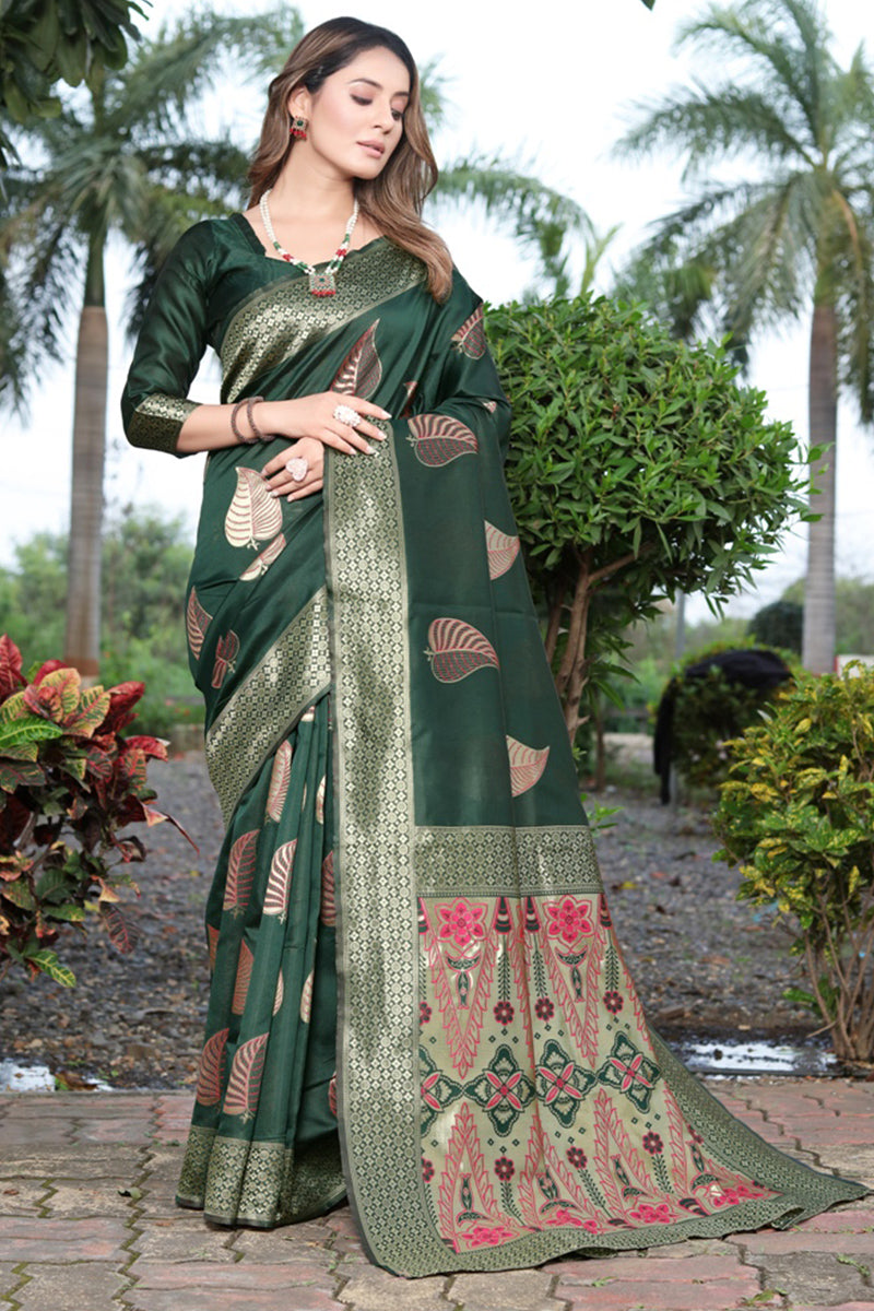 Propinquity Dark Green Soft Banarasi Silk Saree With Delightful Blouse Piece