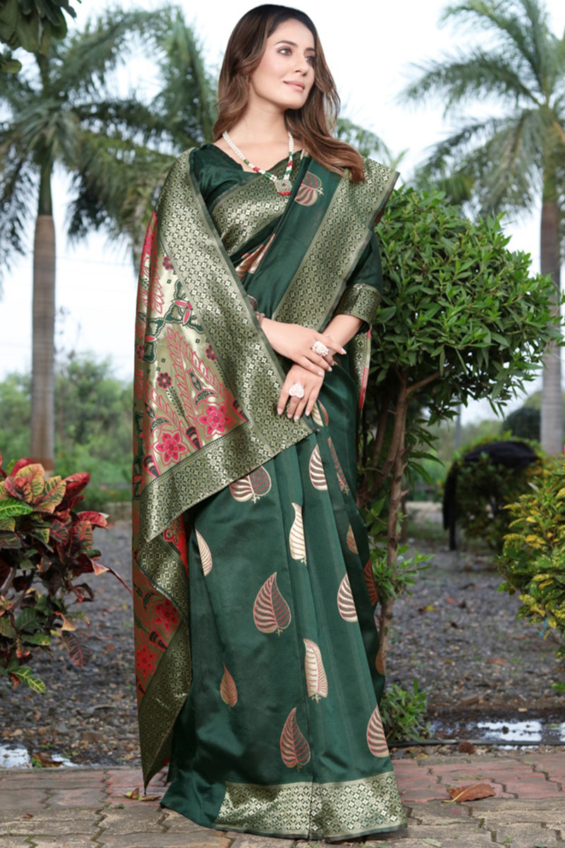 Propinquity Dark Green Soft Banarasi Silk Saree With Delightful Blouse Piece