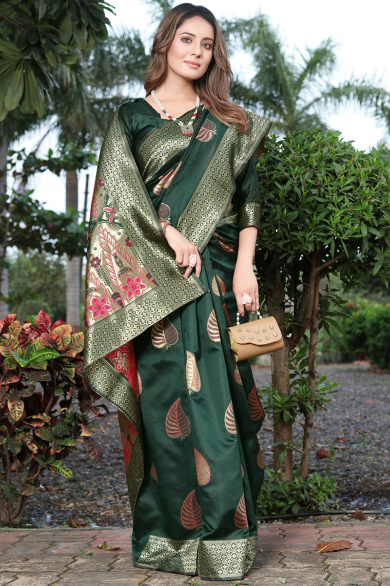 Propinquity Dark Green Soft Banarasi Silk Saree With Delightful Blouse Piece