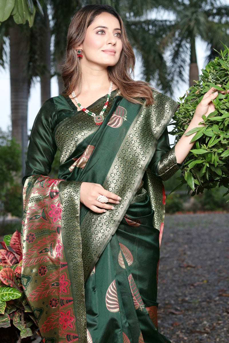 Propinquity Dark Green Soft Banarasi Silk Saree With Delightful Blouse Piece