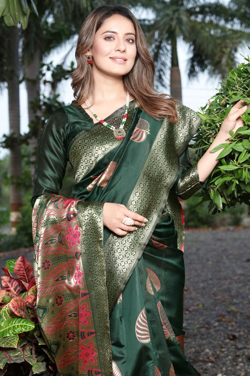 Propinquity Dark Green Soft Banarasi Silk Saree With Delightful Blouse Piece