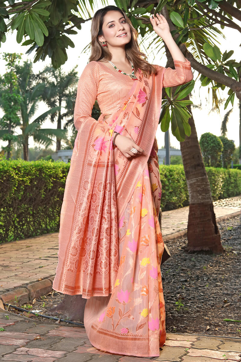 Inimitable Peach Pashmina Saree With Fantabulous Blouse Piece