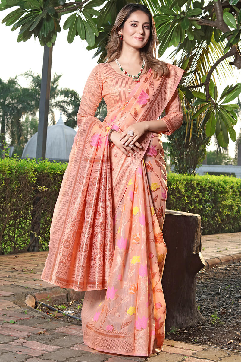 Inimitable Peach Pashmina Saree With Fantabulous Blouse Piece