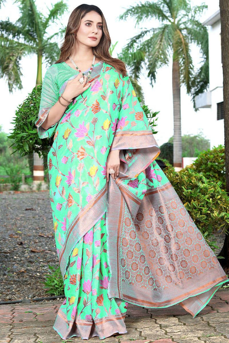 Flaunt Sea Green Pashmina saree With Prominent Blouse Piece