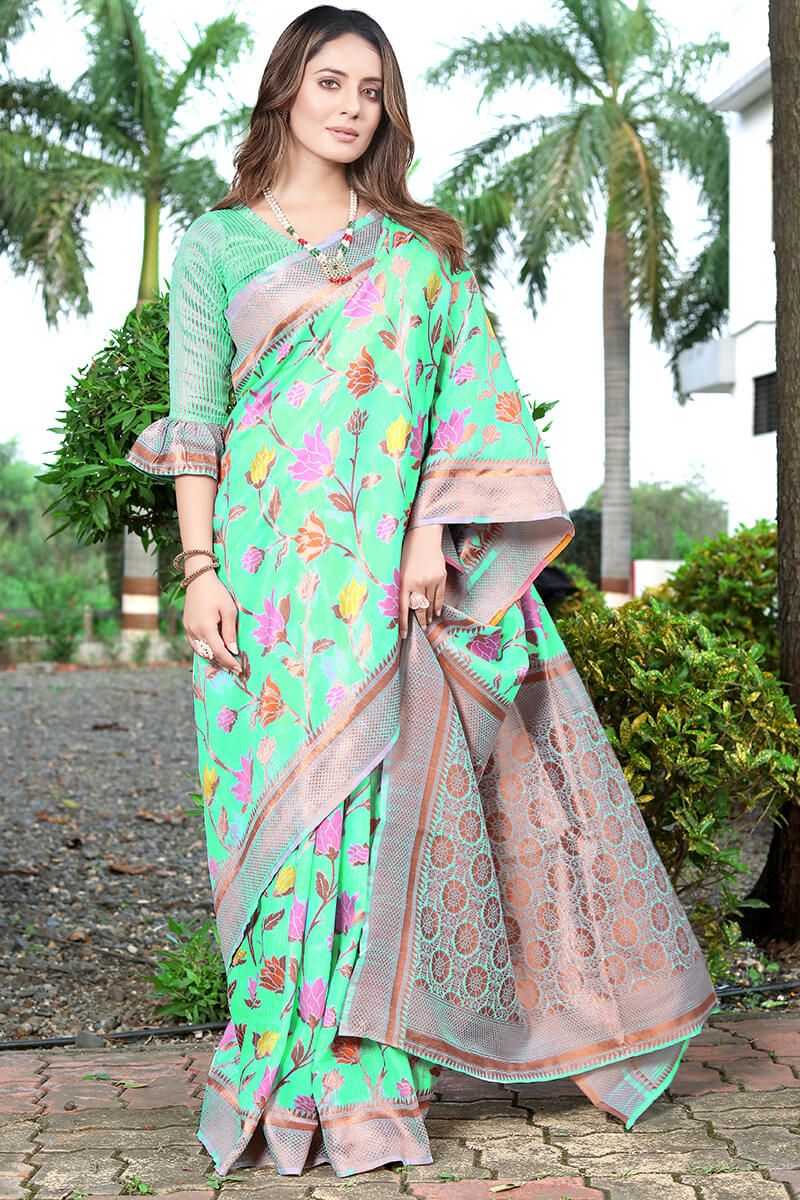 Flaunt Sea Green Pashmina saree With Prominent Blouse Piece