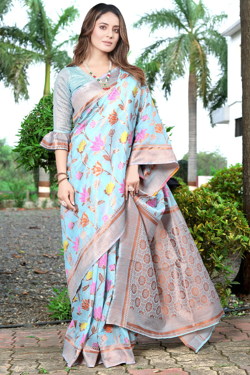 Splendiferous Sky Pashmina Saree With Sumptuous Blouse Piece