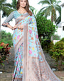 Splendiferous Sky Pashmina Saree With Sumptuous Blouse Piece