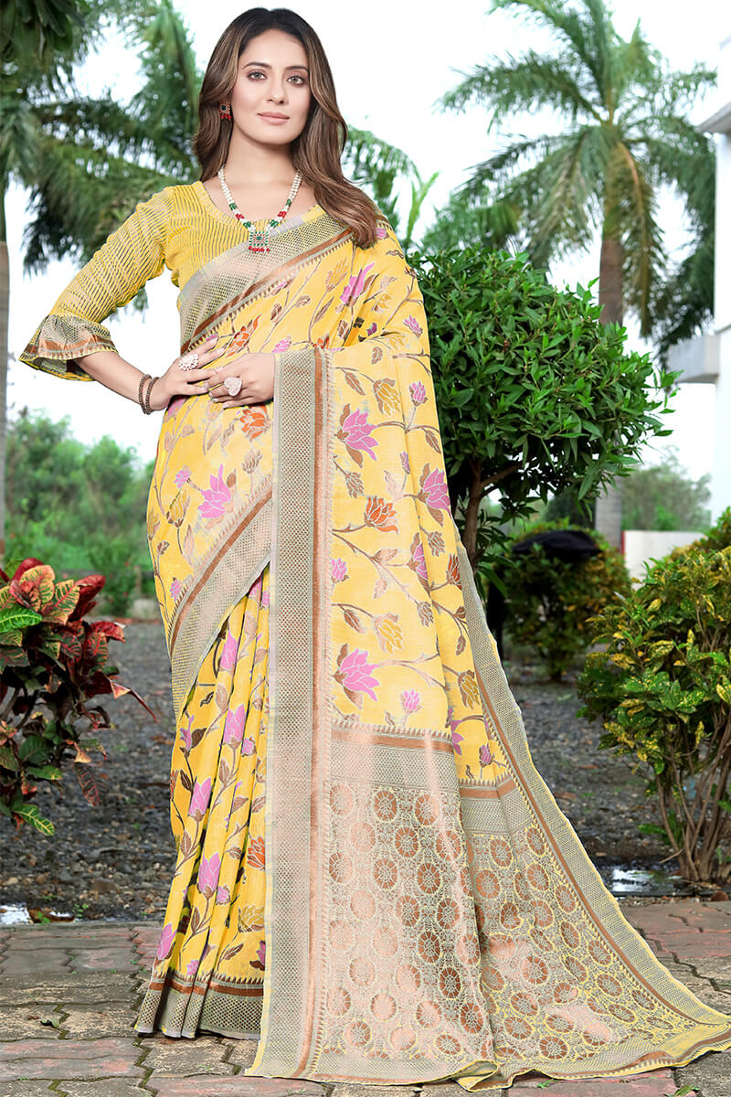 Surreptitious Yellow Pashmina Saree With Jazzy Blouse Piece