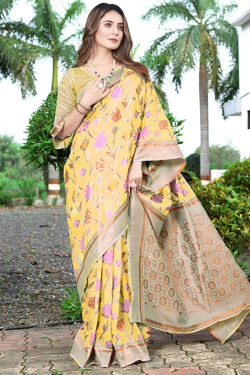 Surreptitious Yellow Pashmina Saree With Jazzy Blouse Piece