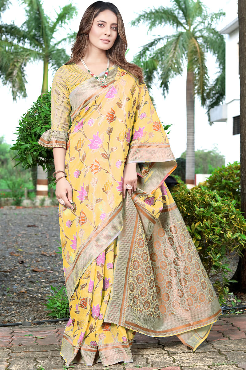 Surreptitious Yellow Pashmina Saree With Jazzy Blouse Piece