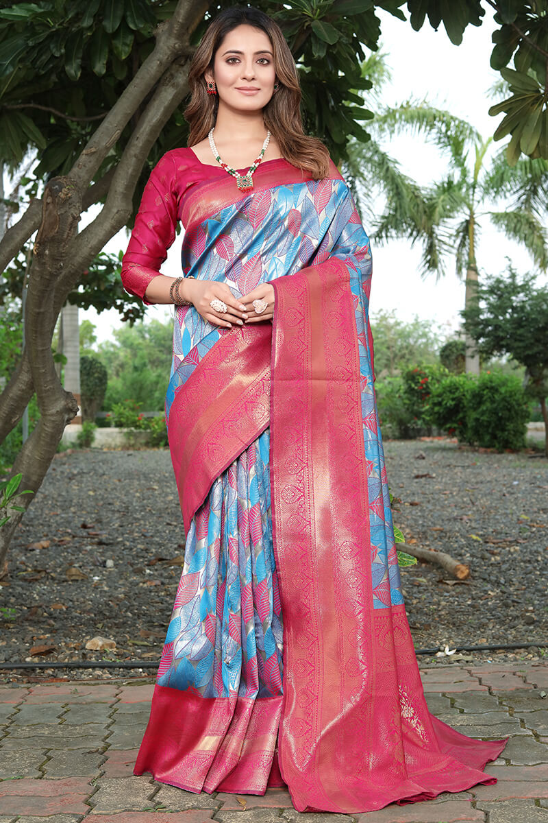 Enthralling Sky Kanjivaram Silk Saree With Surpassing Blouse Piece