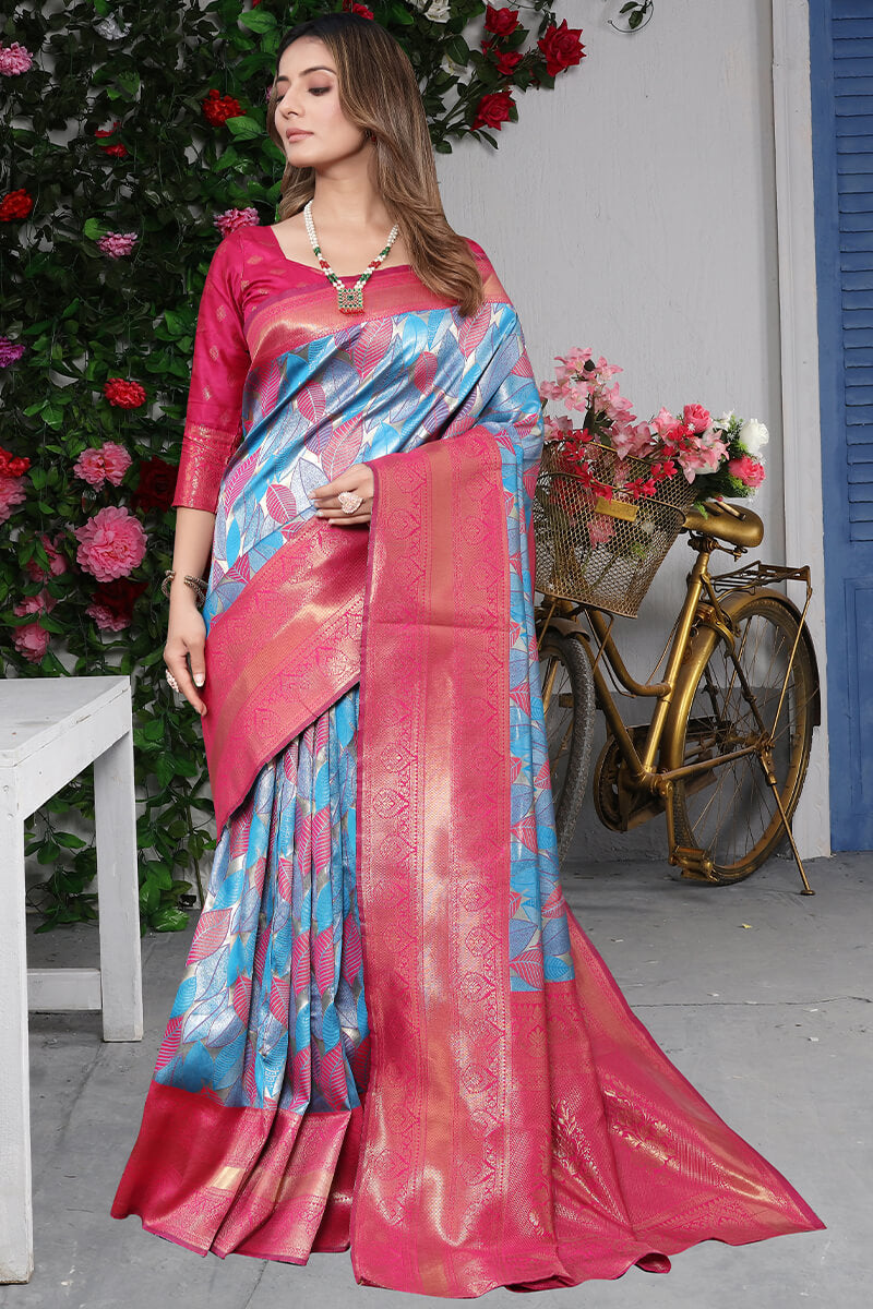 Enthralling Sky Kanjivaram Silk Saree With Surpassing Blouse Piece