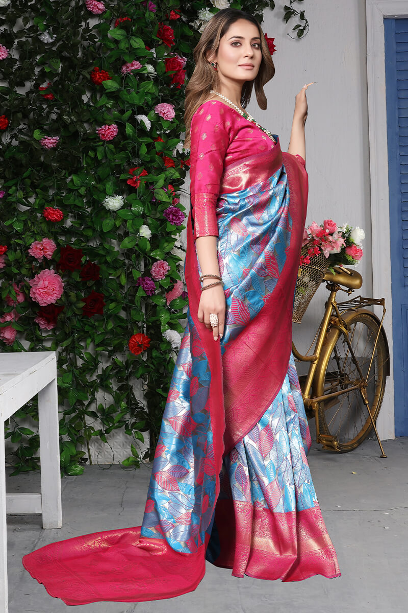 Enthralling Sky Kanjivaram Silk Saree With Surpassing Blouse Piece