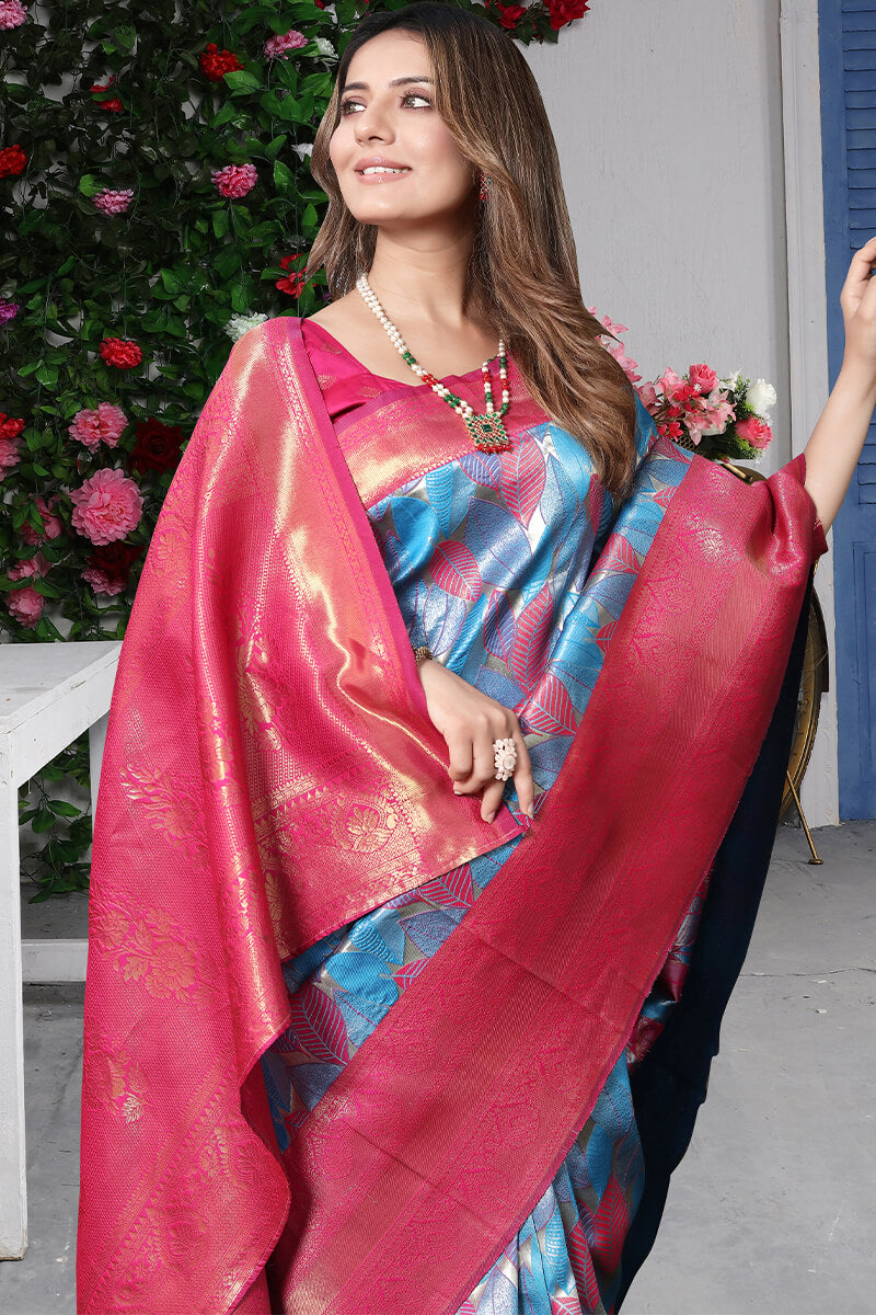 Enthralling Sky Kanjivaram Silk Saree With Surpassing Blouse Piece