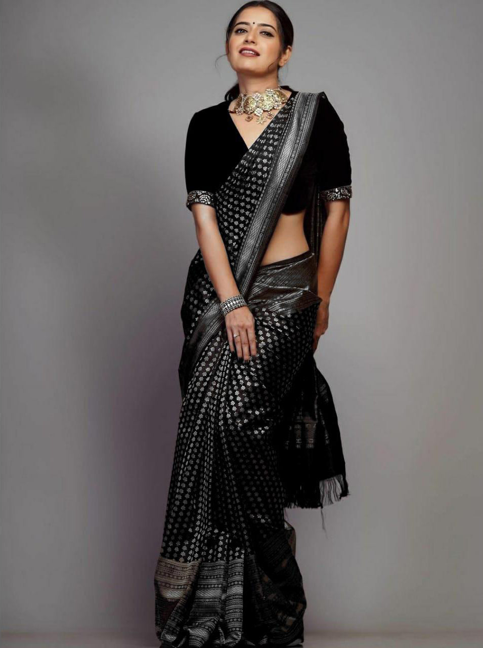 Radiant Black Soft Silk Saree With Ephemeral Blouse Piece