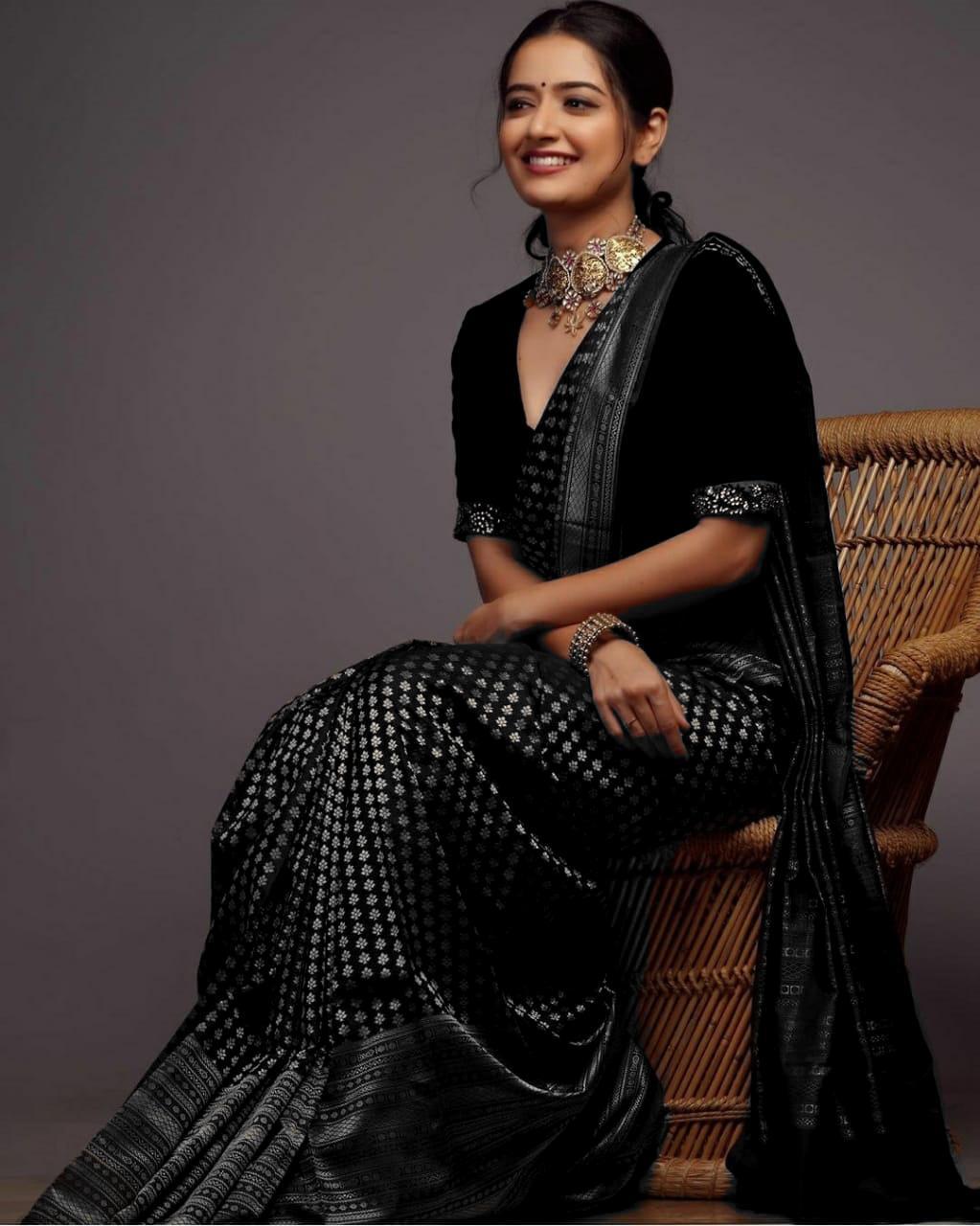 Radiant Black Soft Silk Saree With Ephemeral Blouse Piece