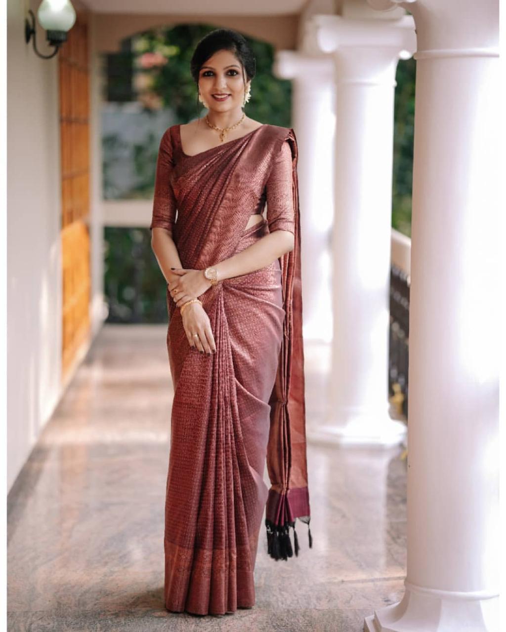 Desirable Wine Soft Silk Saree With Sensational Blouse Piece