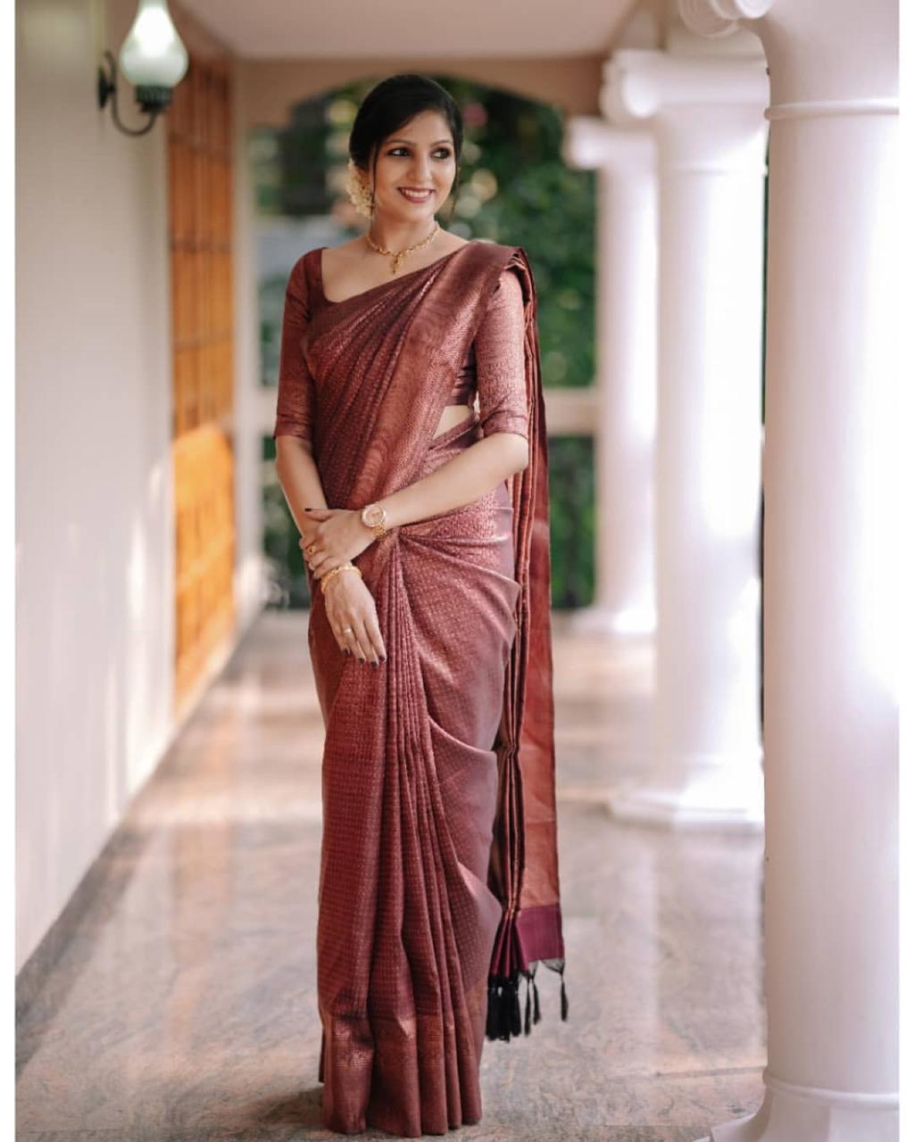 Desirable Wine Soft Silk Saree With Sensational Blouse Piece