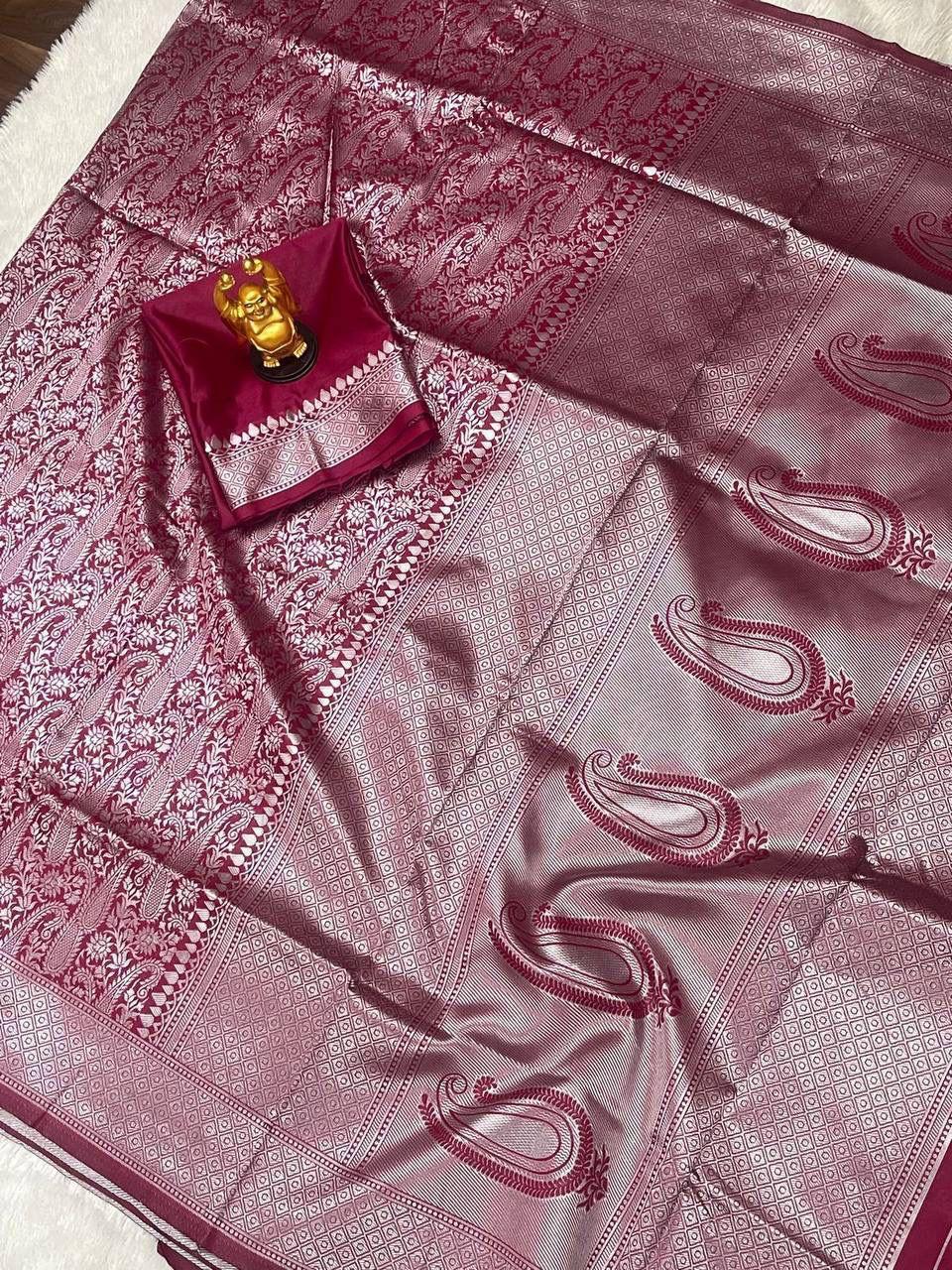 Palimpsest Wine Soft Banarasi Silk Saree With Flameboyant Blouse Piece