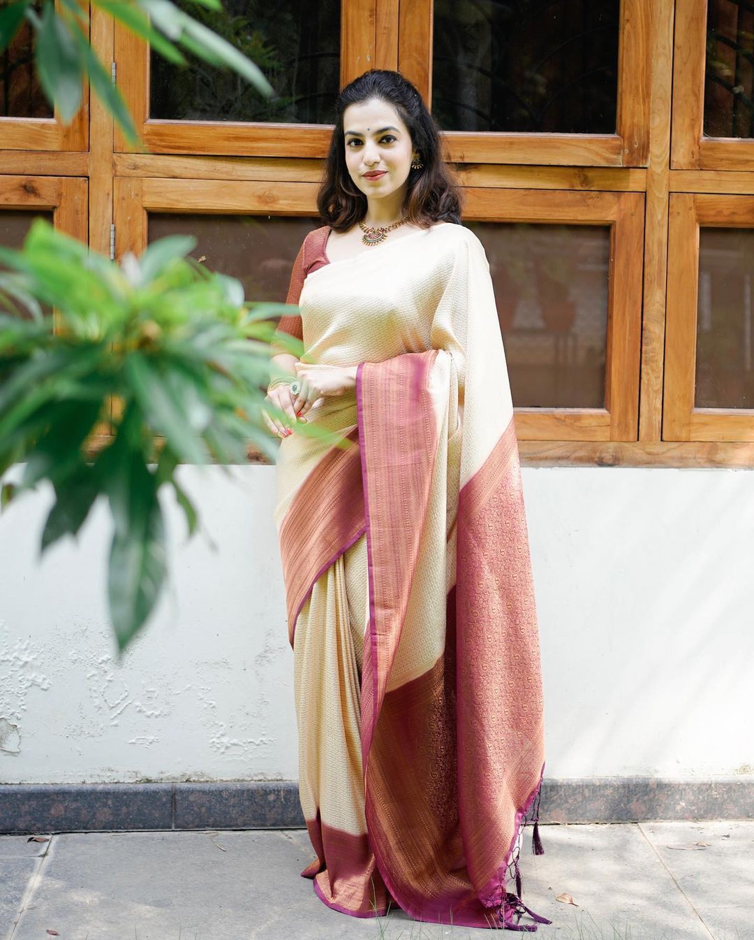 Sumptuous Beige Soft Silk Saree With Embrocation Blouse Piece