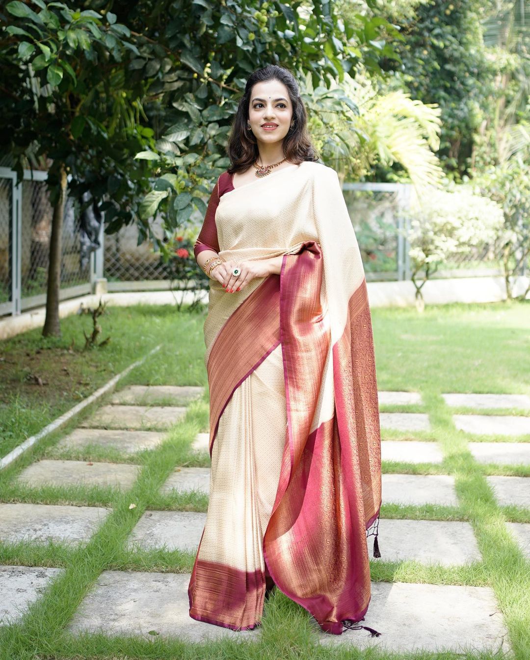 Sumptuous Beige Soft Silk Saree With Embrocation Blouse Piece