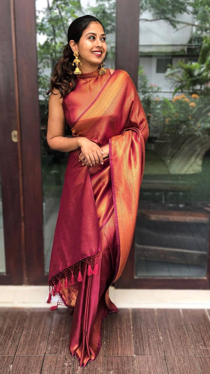 Precious Wine Soft Silk Saree With Enticing Blouse Piece