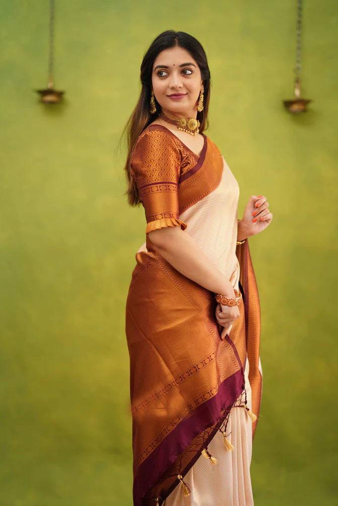 Confounding Beige Soft Banarasi Silk Saree With Adorable Blouse Piece