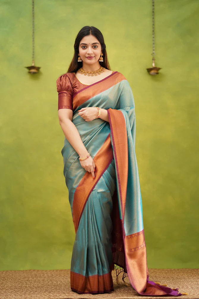 Exuberant Firozi Soft Banarasi Silk Saree With Most Blouse Piece