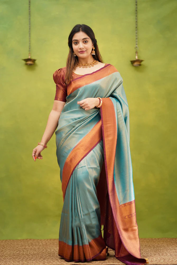 Exuberant Firozi Soft Banarasi Silk Saree With Most Blouse Piece